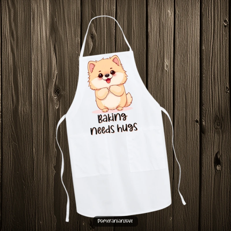 Funny Pomeranian apron showing an eager dog yapping and begging for a hug. Great for kitchen use, adding humor and personality for hug lovers.
