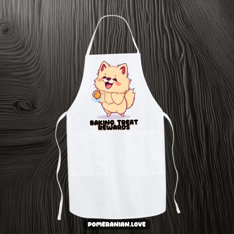 Funny apron featuring an excited Pomeranian dog jumping for a treat, ideal for kitchen fun.