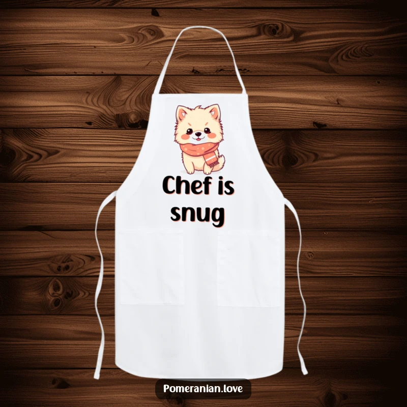Funny Pomeranian cozy scarf apron, a content dog wearing a small scarf, looking warm and humorous, perfect for kitchen.