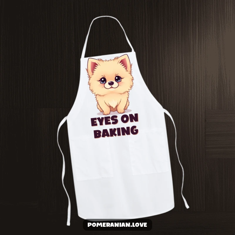 Funny apron featuring a Pomeranian dog looking up with bright eyes, ideal for kitchen charm.