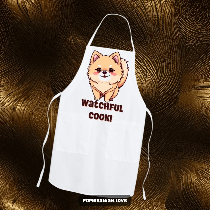 Funny alert Pomeranian apron, a chef wearing an apron with a watchful dog, ideal funny kitchen gift.