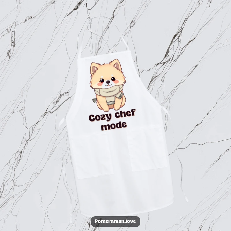 Funny Pomeranian dog wearing a scarf, looking cozy, depicted on a functional and humorous cooking apron.