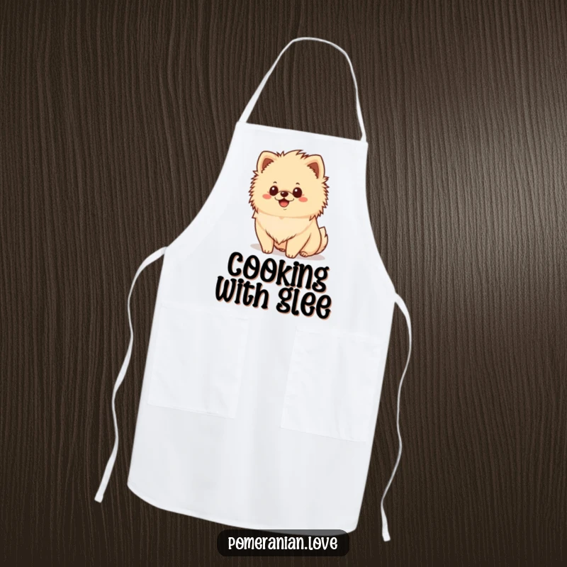Funny happy Pomeranian apron, fluffy mane, smiling dog, cooking accessory, humorous kitchenware.