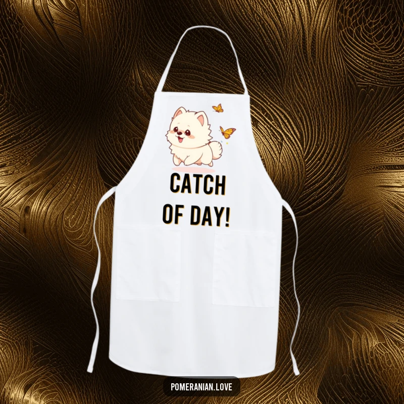 Funny playful Pomeranian apron, a chef apron featuring a dog happily chasing a butterfly, ideal funny gift.