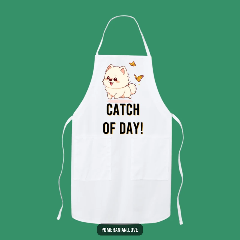 Funny Playful Pomeranian Apron - Kitchen Fun with Butterfly Chase Design