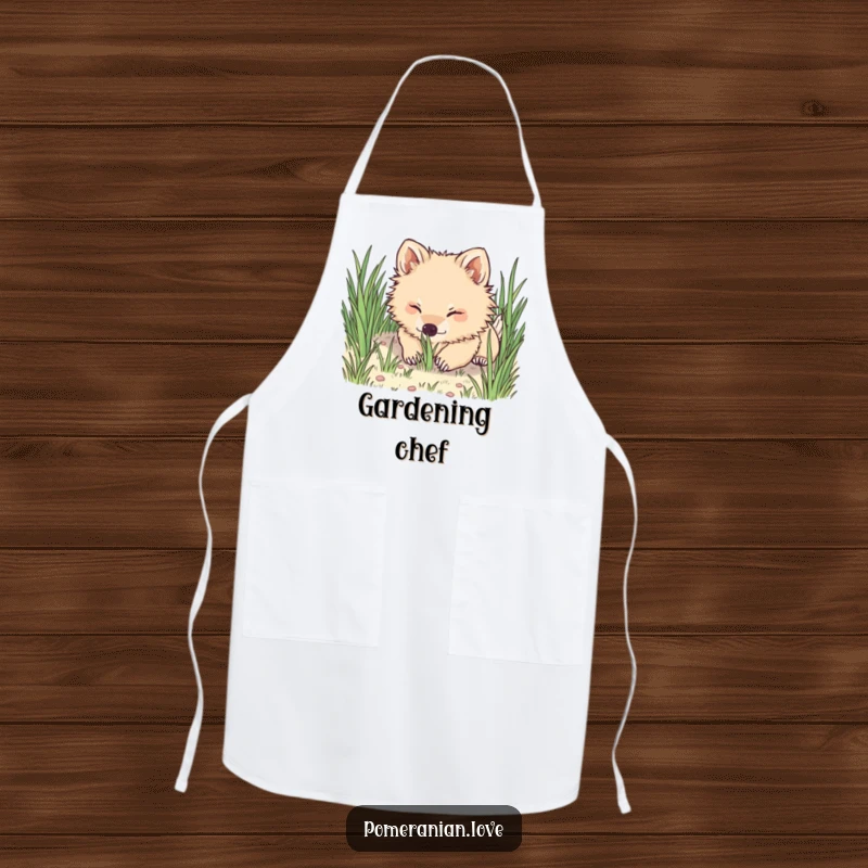 Funny Pomeranian apron, a cute dog's nose playfully digging into grass, perfect for a humorous kitchen statement.