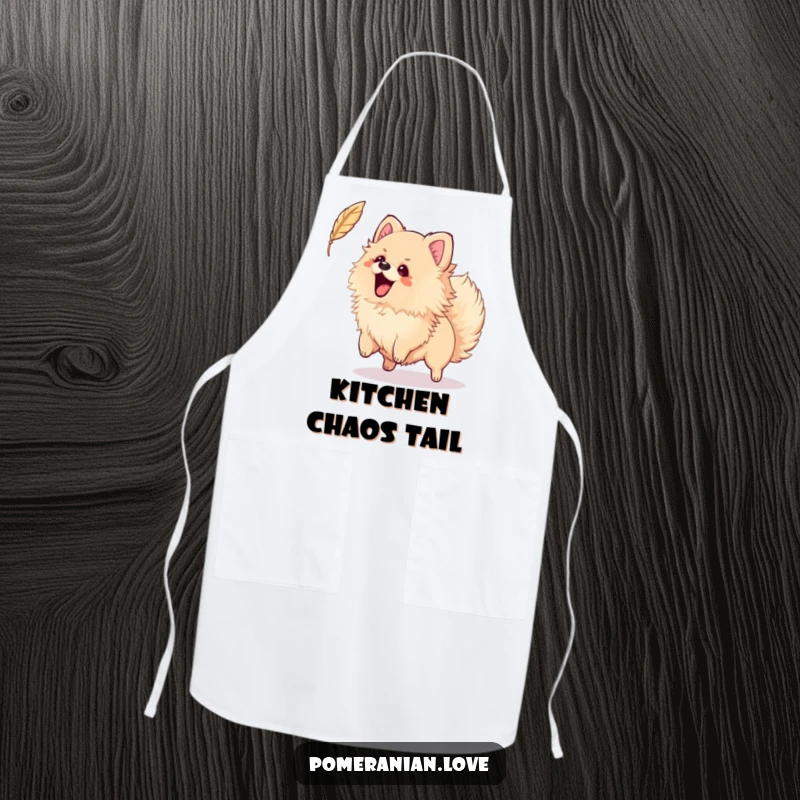Funny apron with an excited Pomeranian wagging its tail, playfully chasing a feather, bringing humor and fun to kitchen activities.