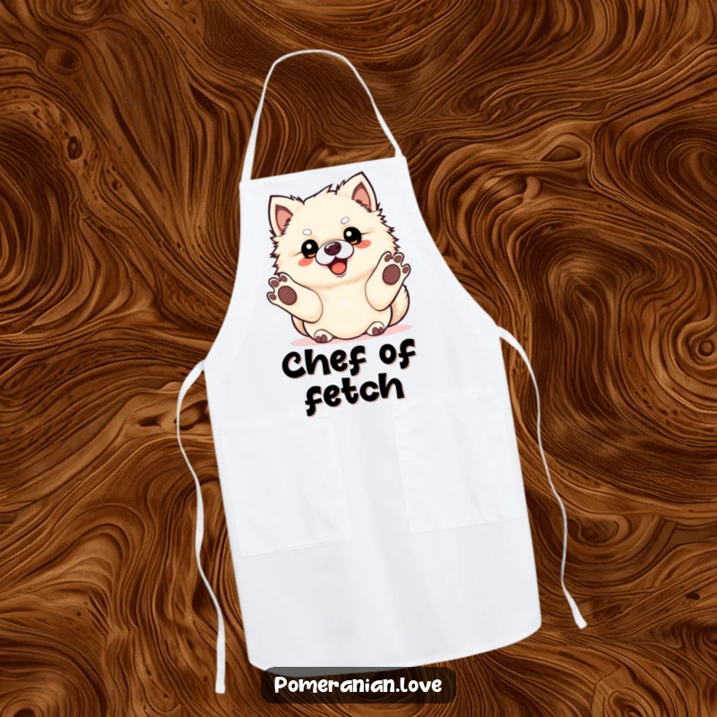 Funny Pomeranian dog with paws out, eager to play fetch, printed on a kitchen apron.