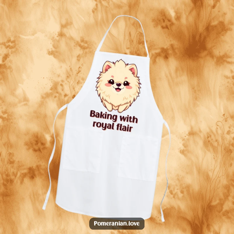 Funny apron featuring a smiling Pomeranian dog with a big, fluffy mane, ready to add cheer to any kitchen.