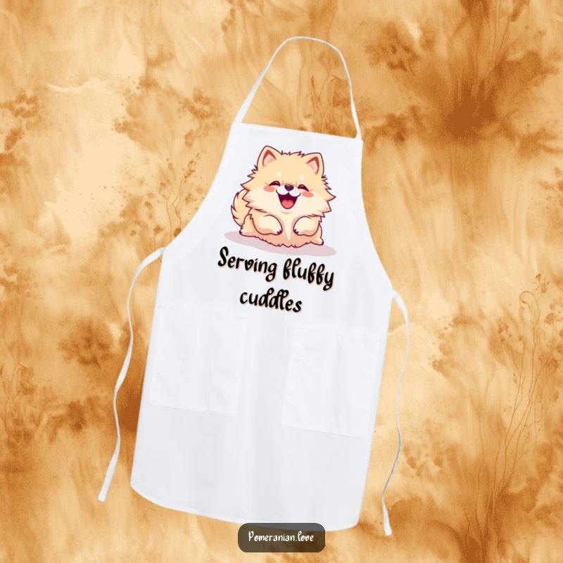 Funny Pomeranian dog rolling over with a joyful yip on a kitchen apron, perfect for aspiring chefs.