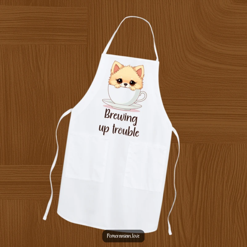 Funny apron with a Pomeranian peeking from a teacup, bringing a sense of playful curiosity and humor to cooking tasks.