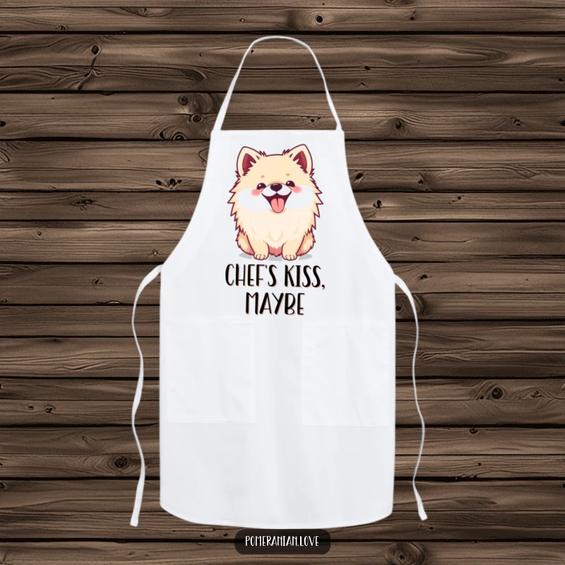 Funny apron featuring a happy Pomeranian with its tongue sticking out, ready to add cheer to any kitchen task.