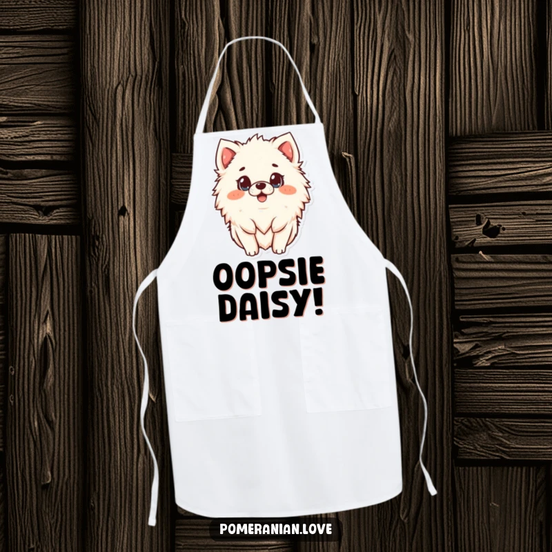 Funny surprised Pomeranian apron, a chef with a comical shocked expression, ideal for a funny kitchen gift.