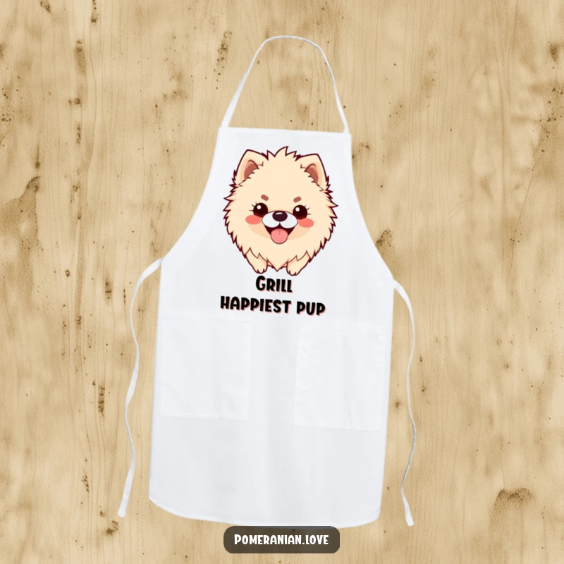 Funny apron design of a fluffy Pomeranian with a happy panting smile, perfect for joyful cooking.