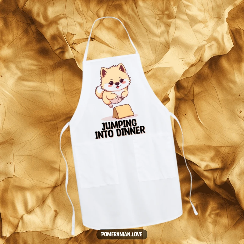 Funny Pomeranian Apron: A determined Pomeranian leaping over a tiny obstacle, adding a touch of canine energy and humor to kitchen tasks.