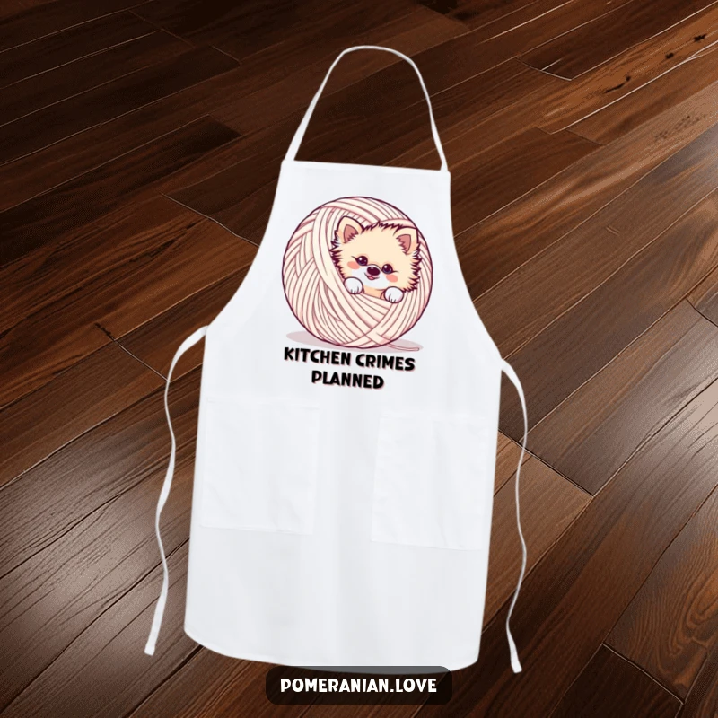 Funny mischievous Pomeranian apron, peeking from yarn, playful, cooking accessory, humorous kitchenware.
