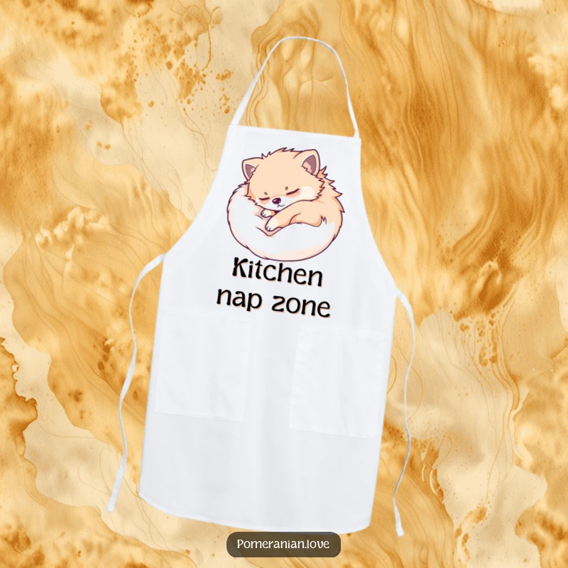 Funny Pomeranian apron featuring a dog peacefully sleeping, perfect for kitchen tasks and moments of relaxation.