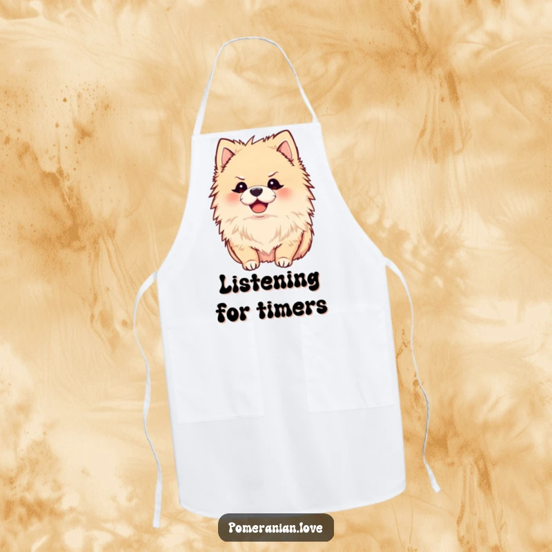Funny apron featuring a joyful Pomeranian with perked ears, listening intently, humorous kitchen wear, a gift.