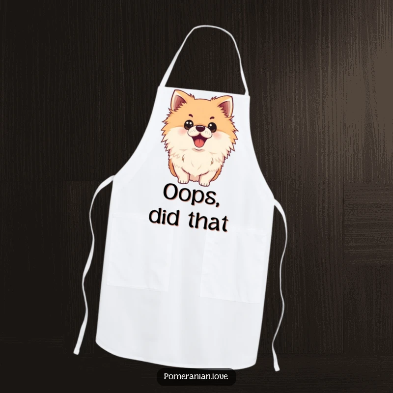 Funny surprised Pomeranian apron, wide eyes, open mouth, cooking accessory, humorous kitchenware.