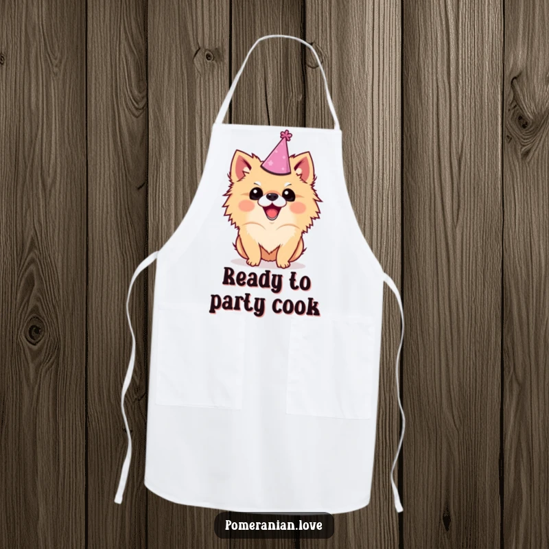 Funny Pomeranian apron featuring an excited dog in a party hat, ready to help with cooking or baking, a delightful addition.