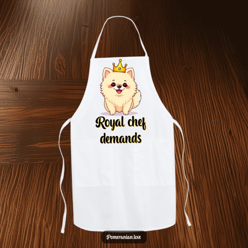 Funny royal Pomeranian apron depicting a crowned dog shaking its fluffy tail with royal glee.