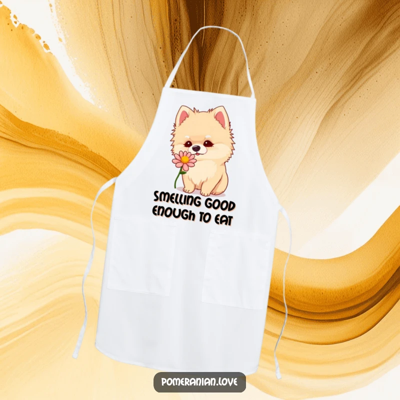 Funny Pomeranian curiously sniffing a flower, depicted on a durable kitchen apron for cooking.