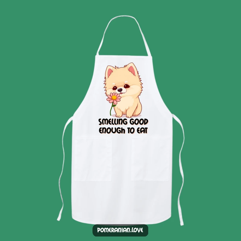 Funny Pomeranian Flower Sniff Apron: Cute Curious Dog Kitchen Apron, Ideal Funny Gift