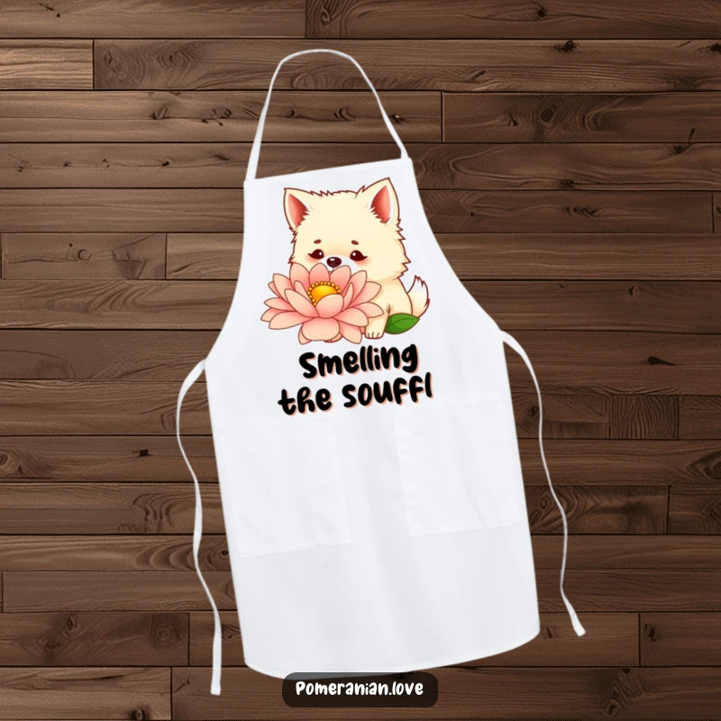 Funny apron featuring a curious Pomeranian sniffing a giant flower, perfect for gardeners and pet lovers.