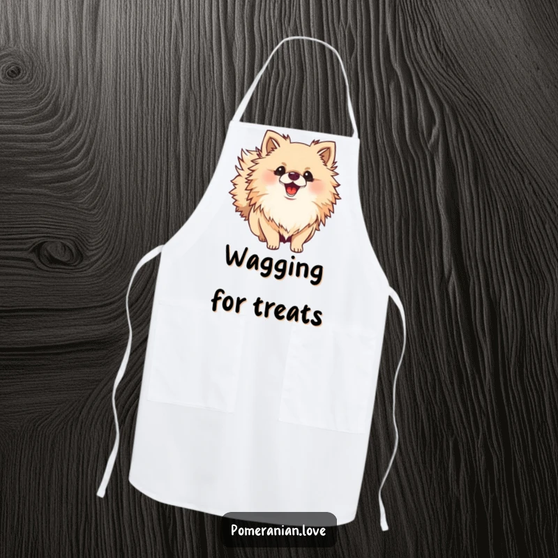 Funny Pomeranian apron showing a fluffy dog with a bushy tail wagging excitedly, perfect for adding humor to cooking sessions.