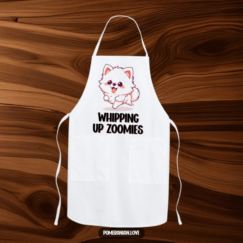 Funny Apron: A fluffy Pomeranian character running with its tongue out, adding fun to cooking.