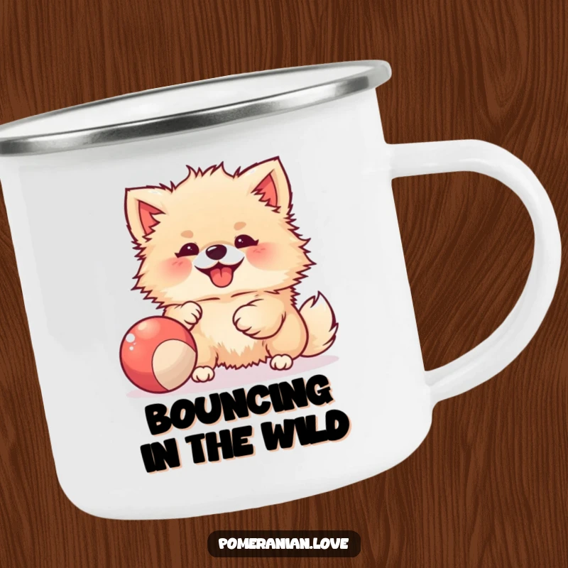 Funny camping mug with a joyful Pomeranian playing with a bouncy ball, perfect for happy outdoor excursions.