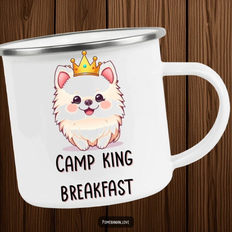 Funny camping mug with a cheerful Pomeranian dog wearing a tiny crown, ideal for outdoor royalty.