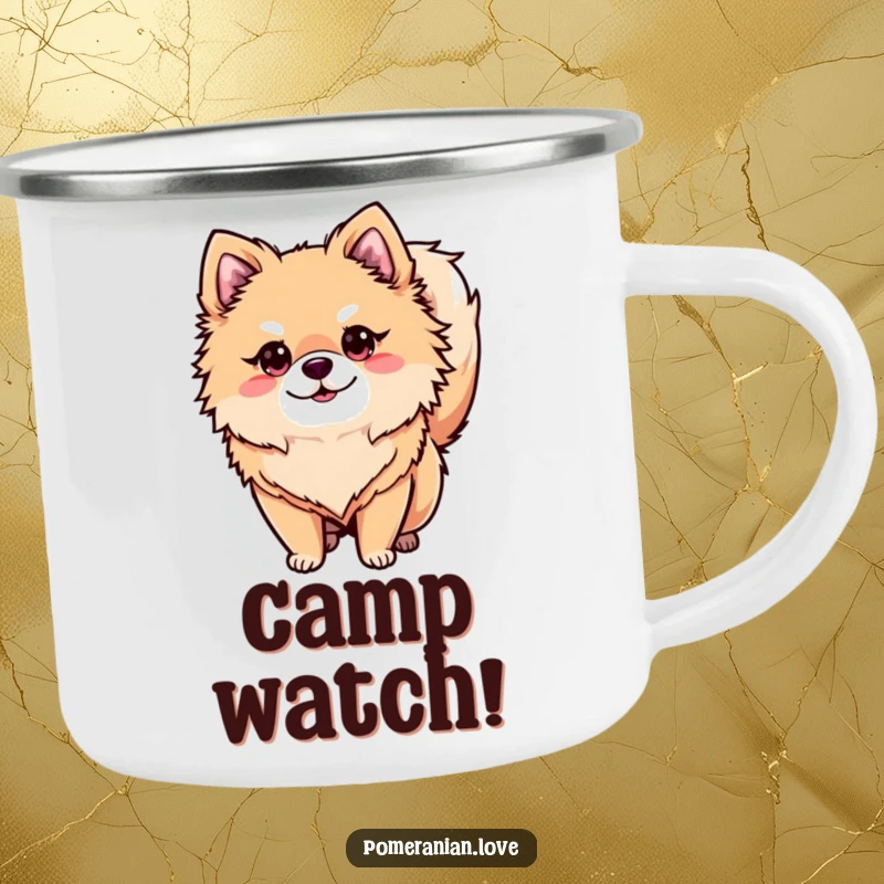 Funny alert Pomeranian camping mug, a rugged cup with a vigilant dog, great outdoor funny gift.