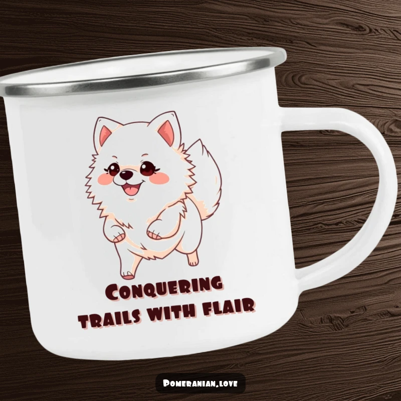Funny Pomeranian camping mug, featuring a happy dog confidently trotting with its tail held high, ready for any outdoor exploration.