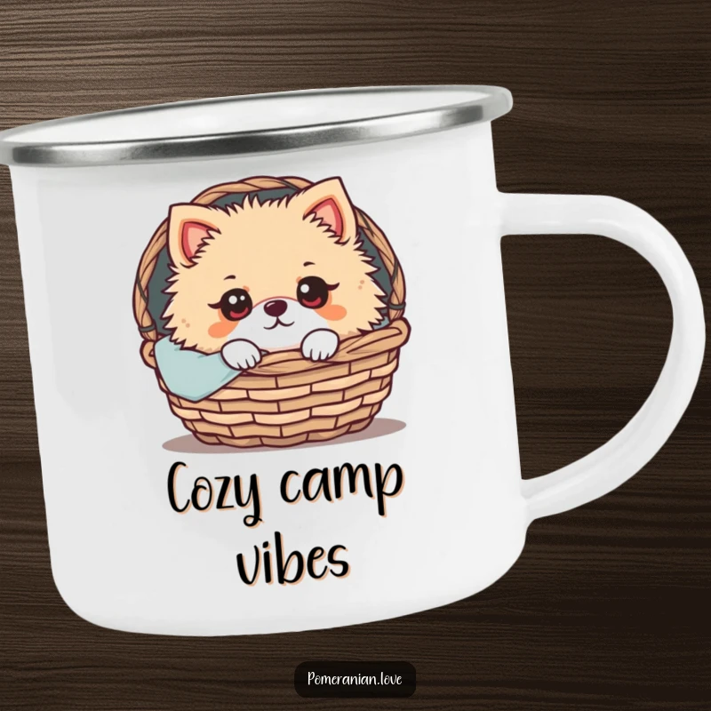 Funny Pomeranian Camping Mug: A Pomeranian with wide, expressive eyes peeking from a cozy basket, ideal for enjoying beverages during outdoor adventures.