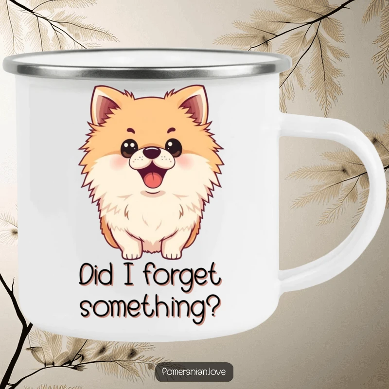 Funny surprised Pomeranian camping mug, wide eyes, open mouth, enamel mug, outdoor gear.
