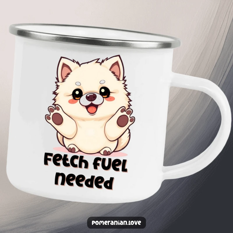 Funny Pomeranian dog with paws outstretched, ready for fetch, on a rugged camping mug.