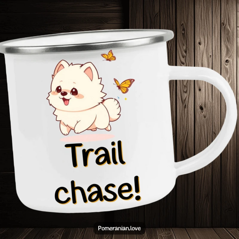 Funny playful Pomeranian camping mug, a rugged cup with a happy dog chasing a butterfly, great outdoor gift.