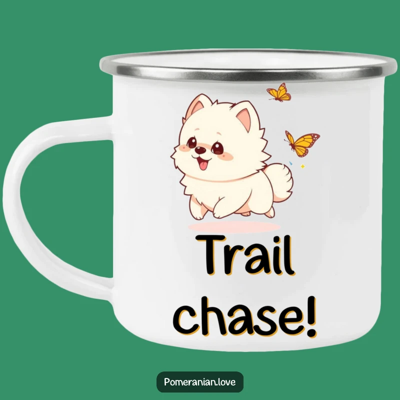 Funny Playful Pomeranian Camping Mug - Durable & Joyful Butterfly Chase