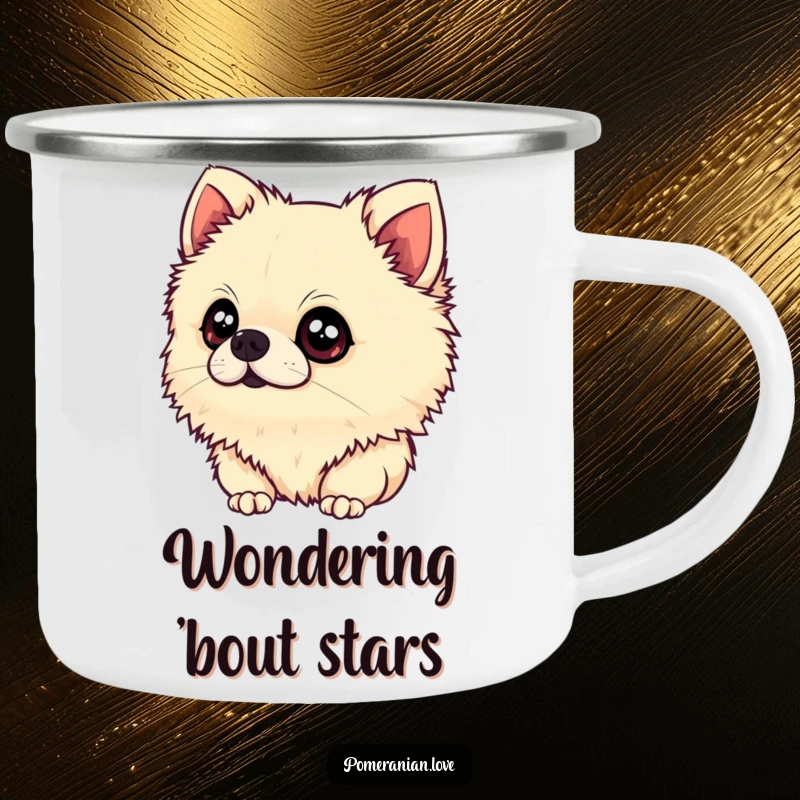 Funny Pomeranian Camping Mug: A durable mug for outdoor use, featuring a fluffy Pomeranian tilting its head with wide, innocent eyes, perfect for adventures.