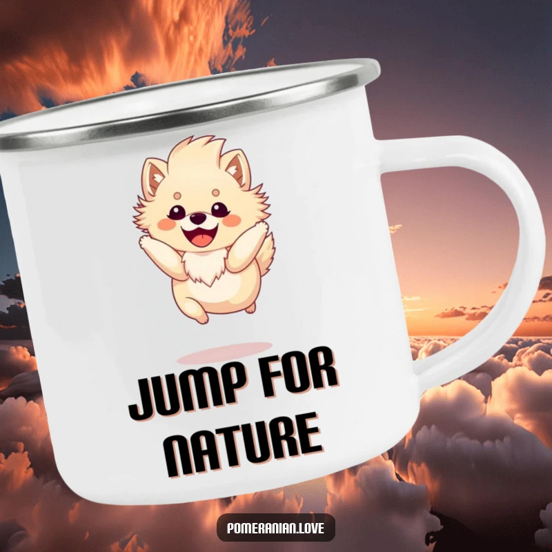 Funny Pomeranian camping mug featuring a happy dog with a fluffy mane mid-jump, ready for outdoor fun and energy.