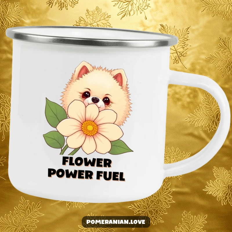Funny Pomeranian dog peeking curiously from behind a large flower, on a sturdy camping mug.
