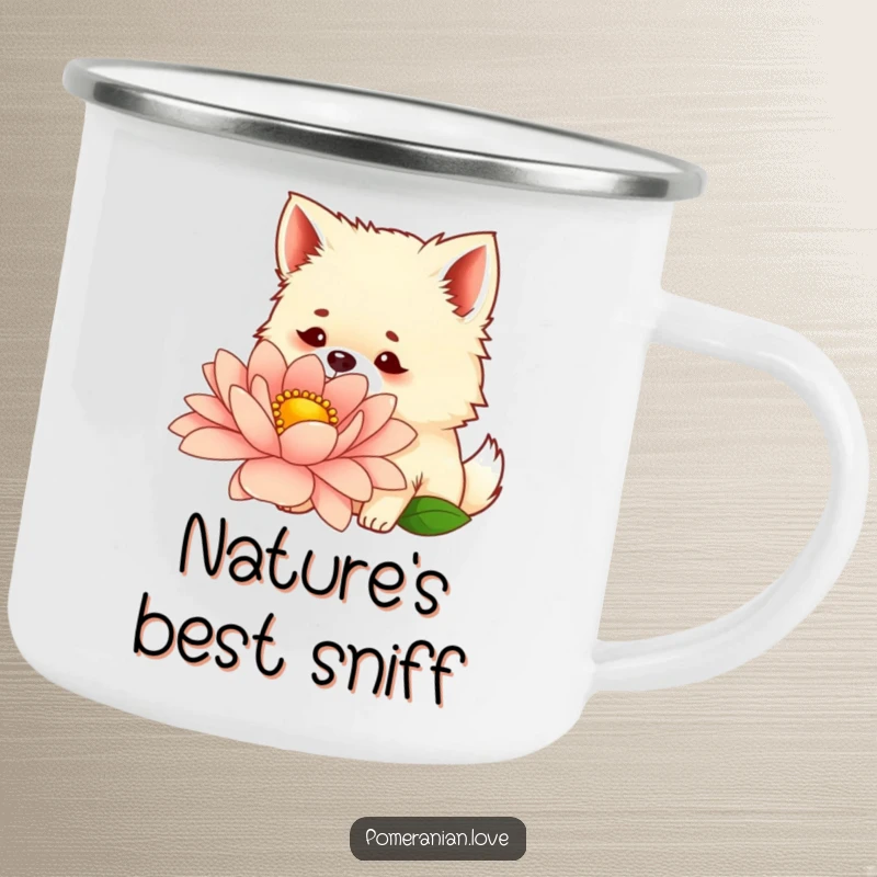 Funny camping mug with a curious Pomeranian sniffing a giant flower, perfect for outdoor exploration and relaxation.