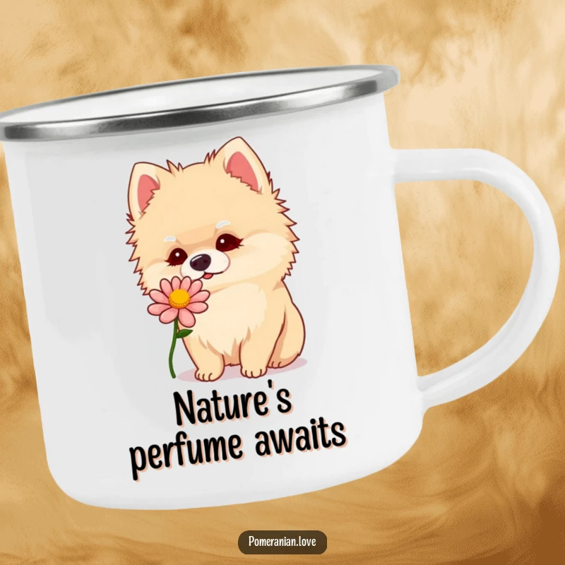 Funny Pomeranian curiously sniffing a flower, on a sturdy enamel camping mug for adventures.