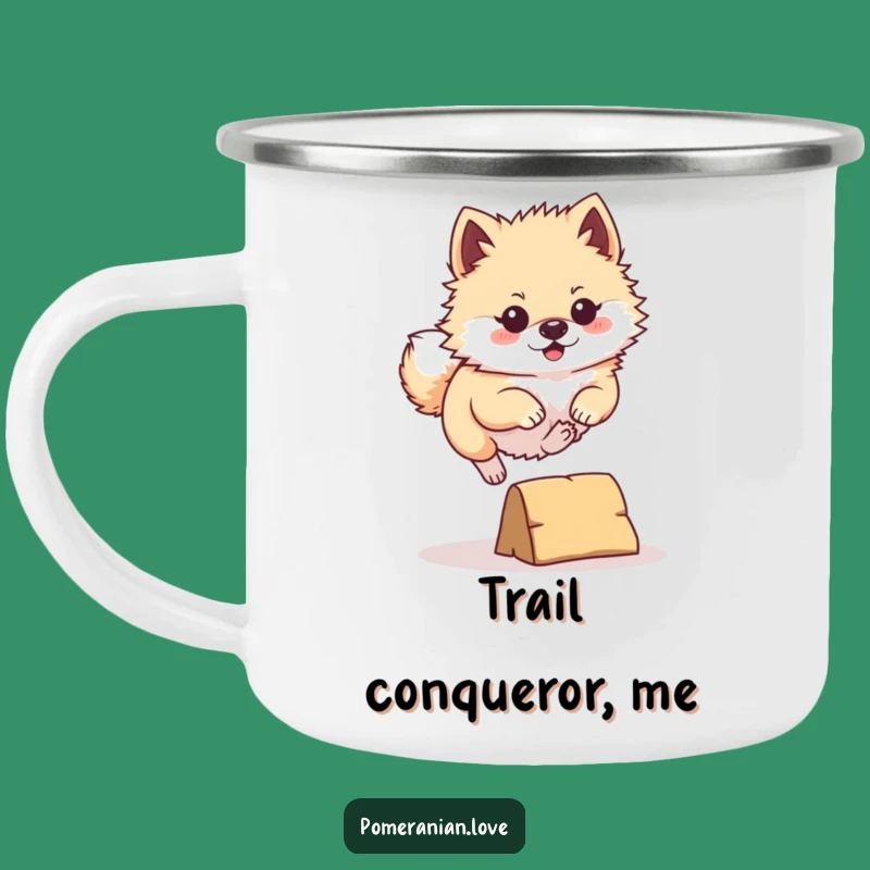 Funny Pomeranian Leap Camping Mug: Determined Outdoor Adventure, Energetic Dog Gift!