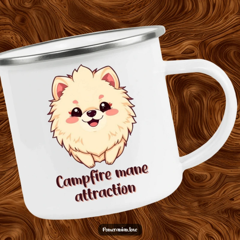 Funny camping mug featuring a smiling Pomeranian with a fluffy mane, ideal for enjoying drinks in the great outdoors.