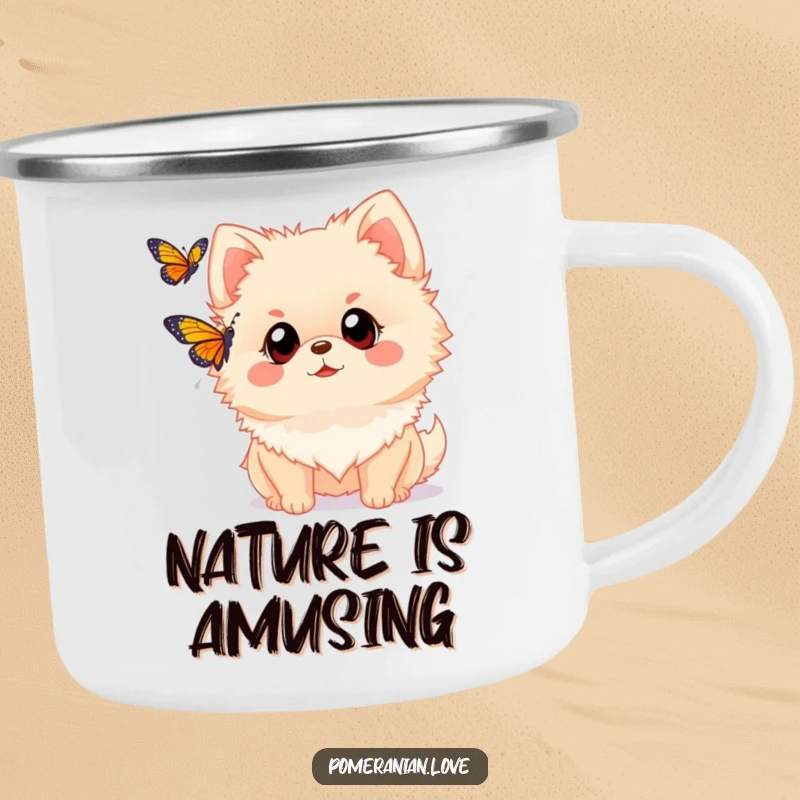 Funny Pomeranian camping mug showcasing a dog with wide eyes watching a butterfly. Ideal for outdoor enthusiasts who appreciate humor and nature.