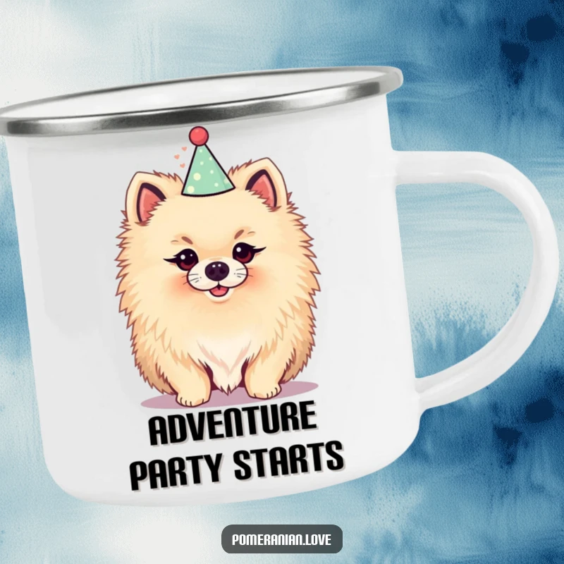 Funny camping mug showing a fluffy Pomeranian in a party hat, perfect for enjoying beverages outdoors with a festive and humorous spirit.