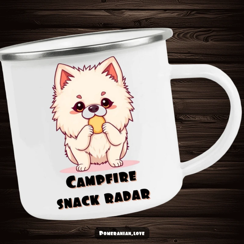 Funny Pomeranian camping mug showcasing an alert dog poised and ready for a treat. Ideal for outdoor enthusiasts who appreciate humor and snacks.
