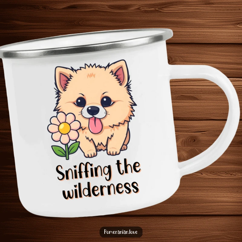 Funny Pomeranian camping mug, a curious dog sniffing a flower, durable and humorous outdoor drinkware.